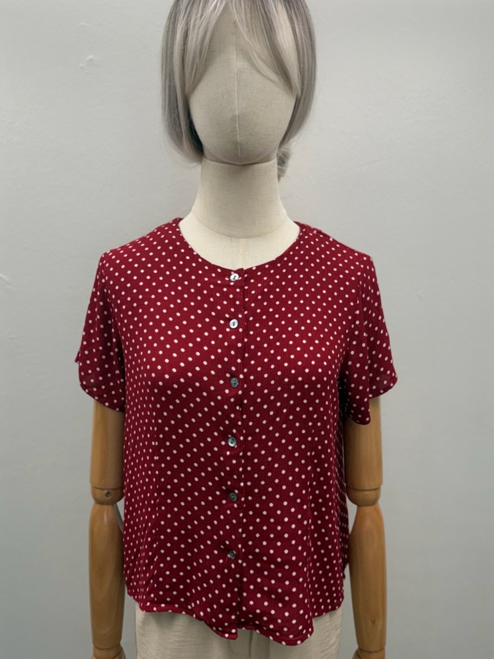 Valerie Stevens Polka Dot Blouse Red White Short Sleeve Women Size 4 Rayon